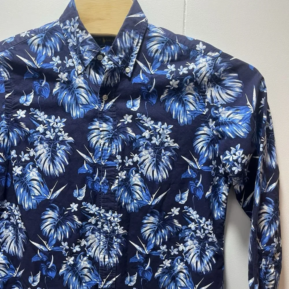 Ralph Lauren Floral Print Long Sleeve Button Up‎ Shirt Men's Size Medium Blue